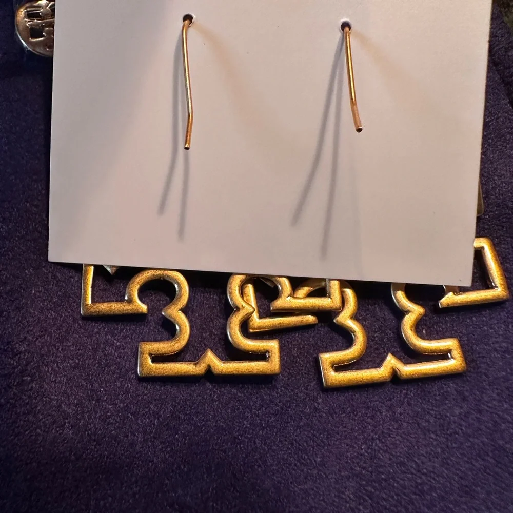 NEW Auth. Tory Burch Britten Logo Drop Earrings (Gold), on TB Earring Card